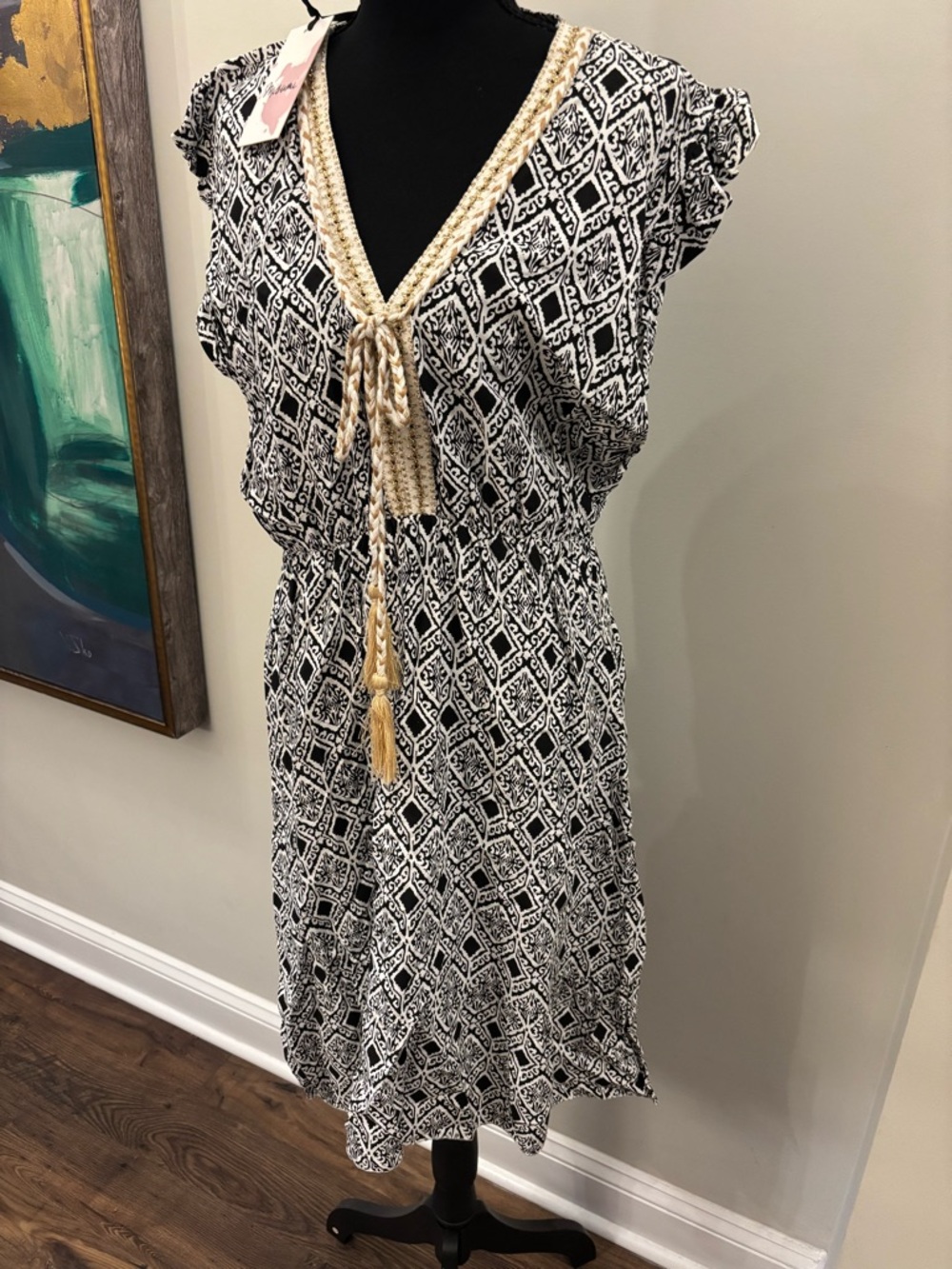 Black & Cream Printed Women's Swim Coverup with Tassel Tie